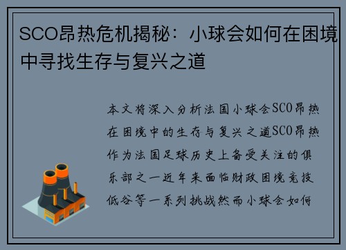 SCO昂热危机揭秘：小球会如何在困境中寻找生存与复兴之道